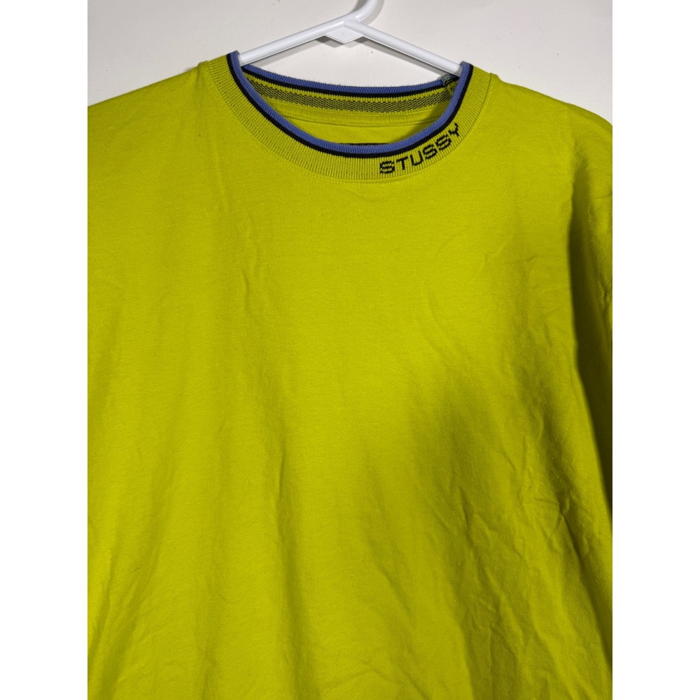 Stussy Mens Long Sleeve T-Shirt Lime Green Embroidered Logo Collar Size M
